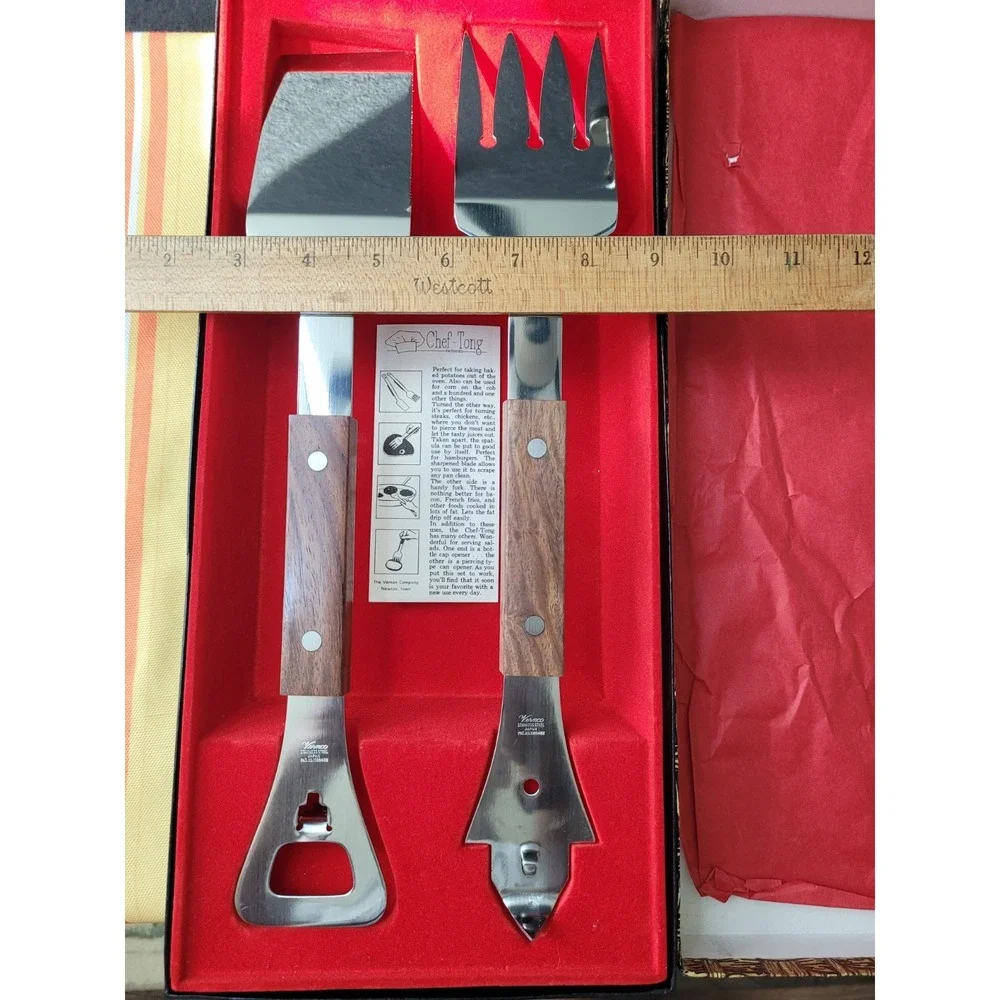 Vintage Vermco Chef-Tong Stainless Steel/Wood BBQ Bar Set Bottle Spatula Fork